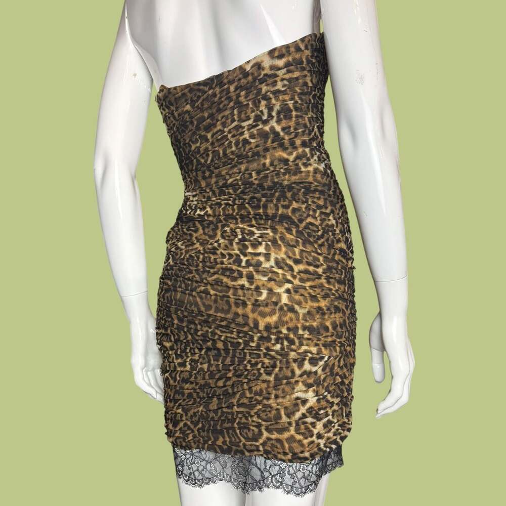 BCBGMaxAzria Leopard Print Ruched Bovary Dress with Lace Trim - Picture 3 of 8